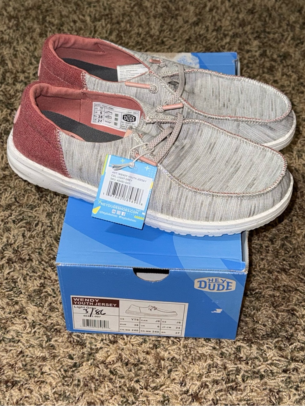 New Hey Dude Wendy Youth Jersey Light Grey Girls Comfort Shoes Size 6 Kids